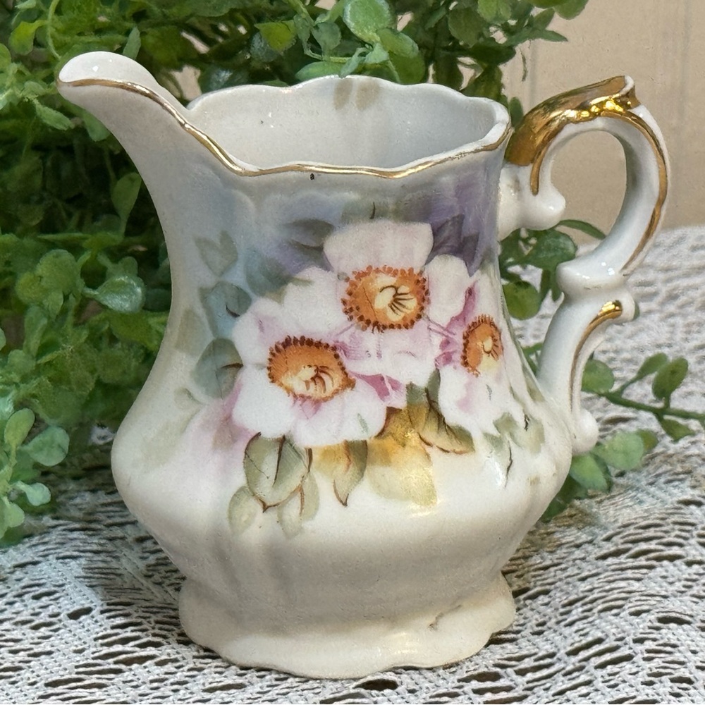 Lefton China Magnolia Creamer Pitcher Hand Painted Floral Design Gold Trim KF252